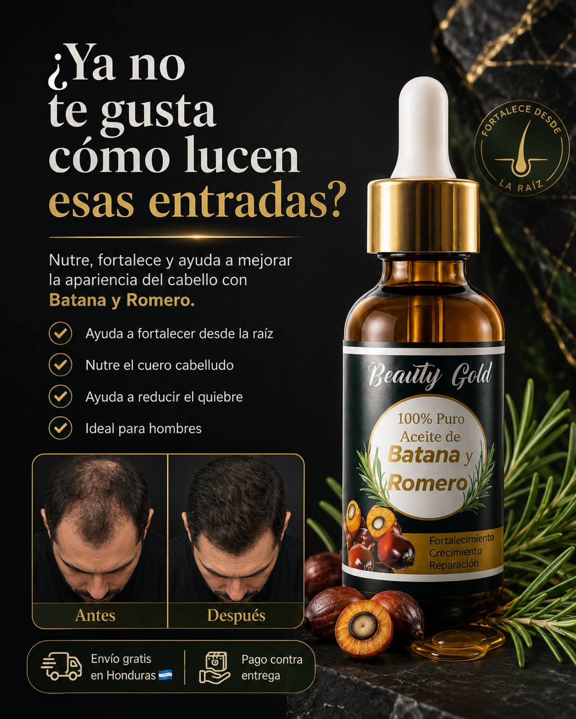 Aceite Batana para la calvicie y crecimiento del cabello 100 Puro con Romero y Maca