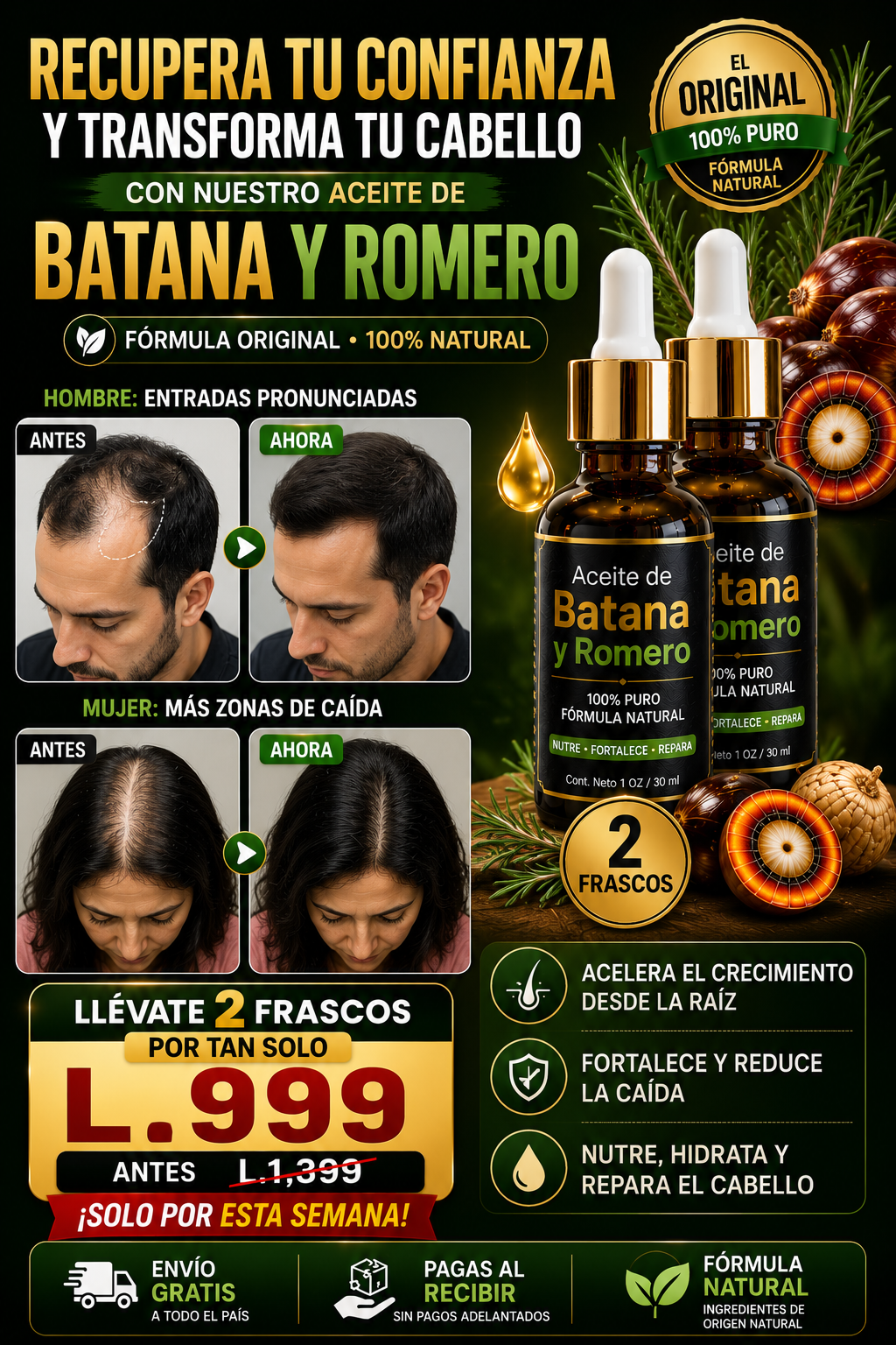 Aceite Batana para la calvicie y crecimiento del cabello 100 Puro con Romero y Maca